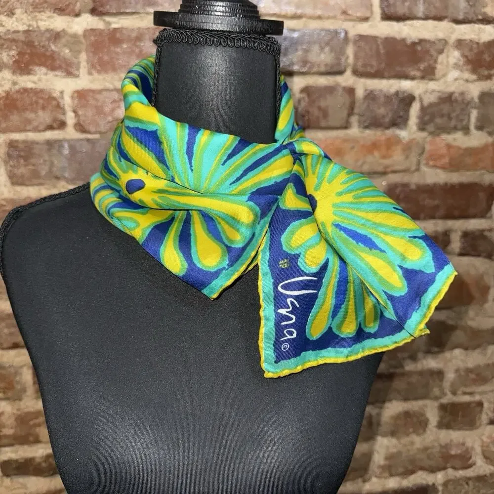 Vintage Silk Vera Neumann Scarf 22x23 Blue Aqua Yellow Floral Mod Signed EUC
